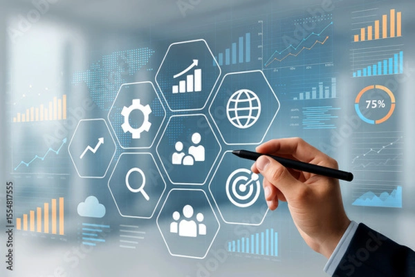 Obraz Hand interacting with digital interface displaying business analytics and global data