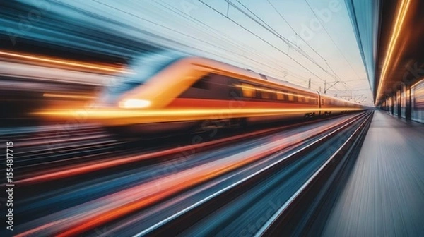 Fototapeta High-Speed Train in Motion at Sunset with Blurred Background