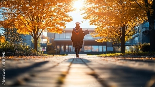 Fototapeta Graduating student walks on campus path in autumn