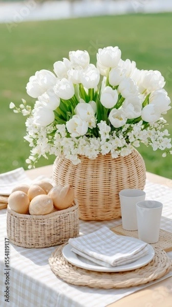 Fototapeta Elegant outdoor picnic setting with white tulips and fresh bread on a checkered tablecloth