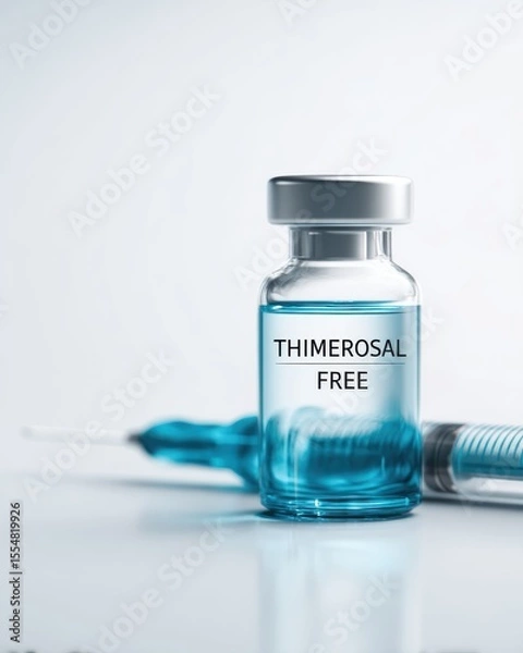Fototapeta A close-up image of a medical vial labeled "Thimerosal Free" with a syringe, indicating a mercury-free vaccine or medication.