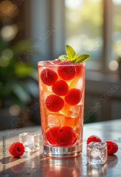 Fototapeta Refreshing raspberry cocktail with ice cubes in glass.