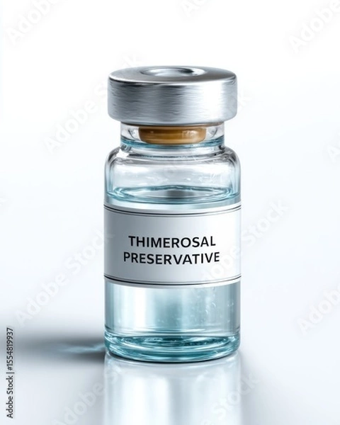 Fototapeta A clear glass vial labeled "Thimerosal Preservative" with a silver metal cap, containing a transparent liquid, isolated on a white background.