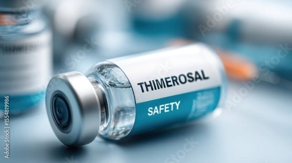Fototapeta A close-up image of a medical vial labeled "Thimerosal Safety" with a blurred syringe in the background, emphasizing vaccine safety and preservatives.