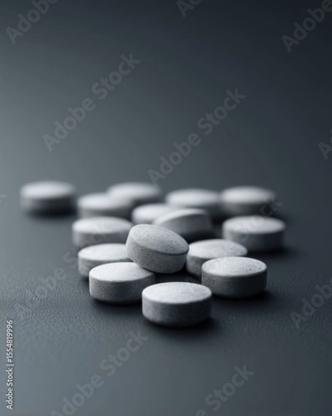 Fototapeta Close-up image of scattered gray tablets on a dark surface with a shallow depth of field.