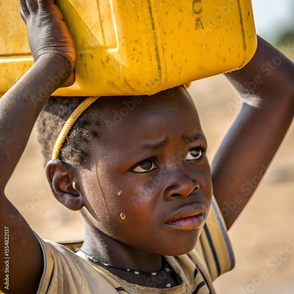Fototapeta A young African boy carries a yellow water container on his head. He has short black hair and a serious expression, with a drop of sweat on his face.