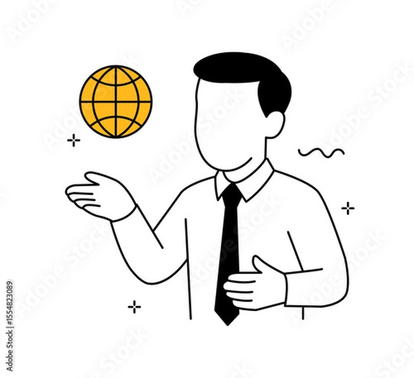 Fototapeta Global communication business illustration. Man holding floating globe. Worldwide connection and international network concept.