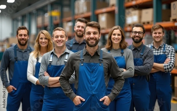 Obraz Picture of a happy, diversified group of coworkers at a modern metalwork warehouse plant, arranged in a row. High quality