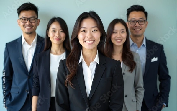 Obraz Confident Asian businesspeople in powerful poses, donning business suits, symbolizing a dynamic corporate team. Captivating unity and professionalism. generative AI. High quality