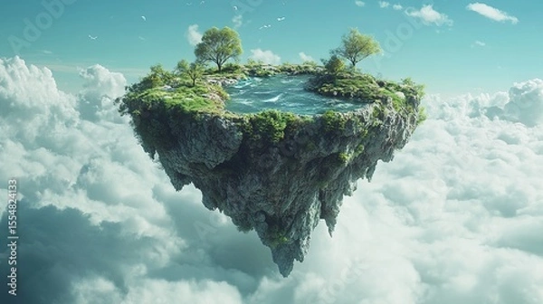 Fototapeta A floating island with trees and a pond hovers above the clouds under a bright blue sky with scattered clouds.