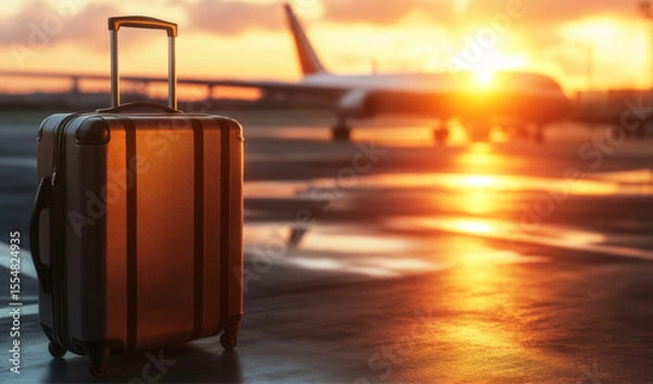 Fototapeta Solitary suitcase on tarmac with airplane in distance, symbolizing travel, departure, and journey concepts. Modern luggage and aviation themes for travel-related projects.	