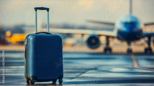 Fototapeta Solitary suitcase on tarmac with airplane in distance, symbolizing travel, departure, and journey concepts. Modern luggage and aviation themes for travel-related projects.	