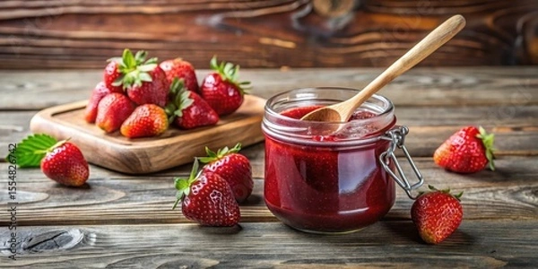 Fototapeta A sweet and colorful jar of homemade strawberry jam with a rustic wooden spoon resting on its rim , homeware, homemade,  homeware