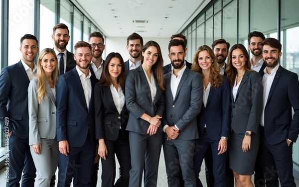 Obraz a show of unity, a row of Caucasian businesspeople poses for a group photo, showcasing their collective vision for the successful business corporation. generative AI. High quality