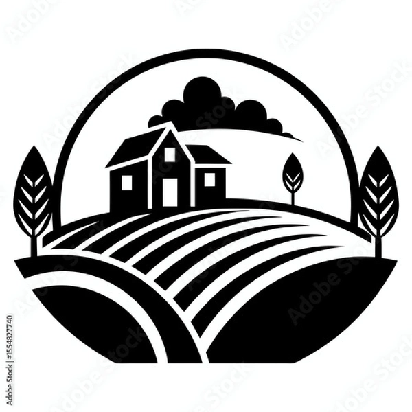 Obraz Farm landscape with house trees and cloud isolated on white background