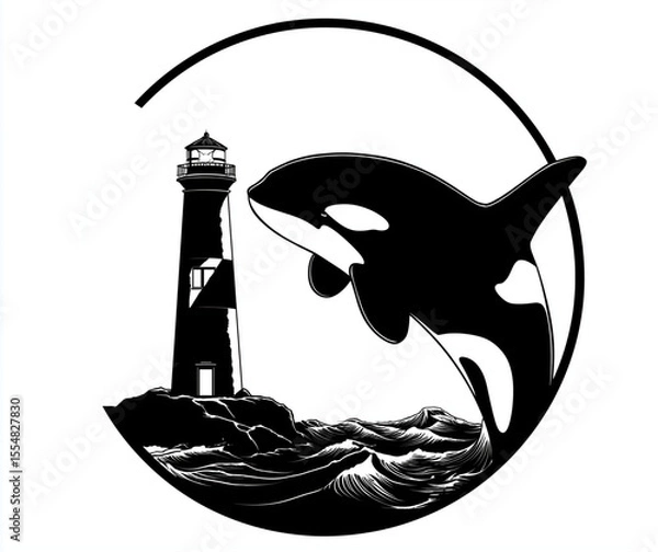 Fototapeta A simple logo, vector art of an orca and lighthouse in the ocean, black and white, circular design, pencil drawing style