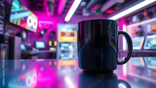 Fototapeta Glossy mug, on a futuristic metallic surface, neon lighting, suitable for tech or gaming themes, modern look.