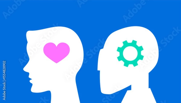 Fototapeta Silhouette of human head with heart inside and robot head with gear. Difference between a human and an AI. Man with feelings and soul. Unfeeling robot. Creative and technological approach to work