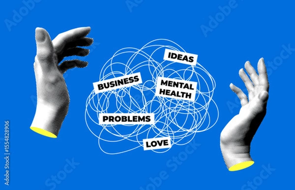 Fototapeta Halftone hands manipulate a ball of thoughts. Mental health. Psychotherapy session. Untangling thoughts. Problem solving. Help from psychologist. Modern collage