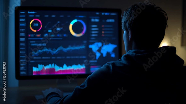 Obraz Person watching streaming dashboard in dark room, glowing data UI
