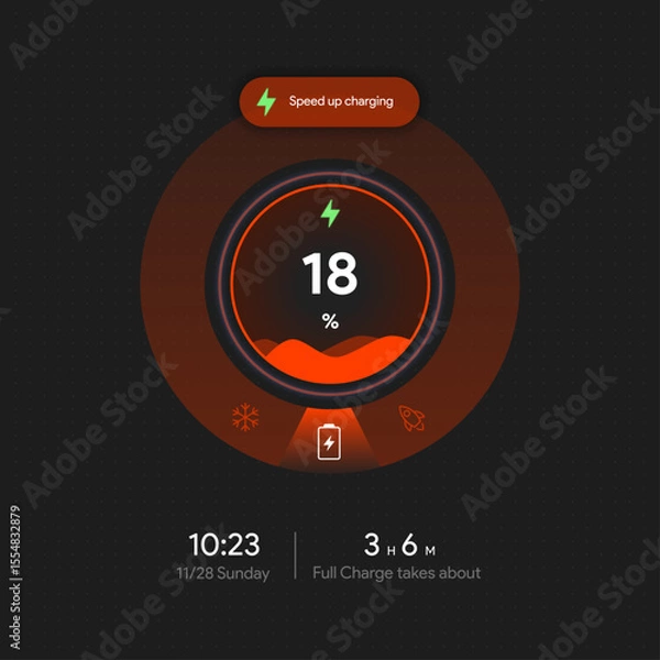 Fototapeta Charging status widget UI. Battery level shown in percentages and estimated time left. Minimal app interface design for mobile device. Tech energy tracking template. Vector illustration.