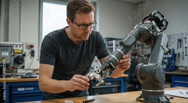 Obraz Engineer working with industrial robot arm