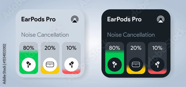 Fototapeta AirPods Pro battery level UI. Percentage charging level tracker. Electric charge indicator widget. Modern UX design screen for app or smartphone interface. Green energy display. Vector Illustration.