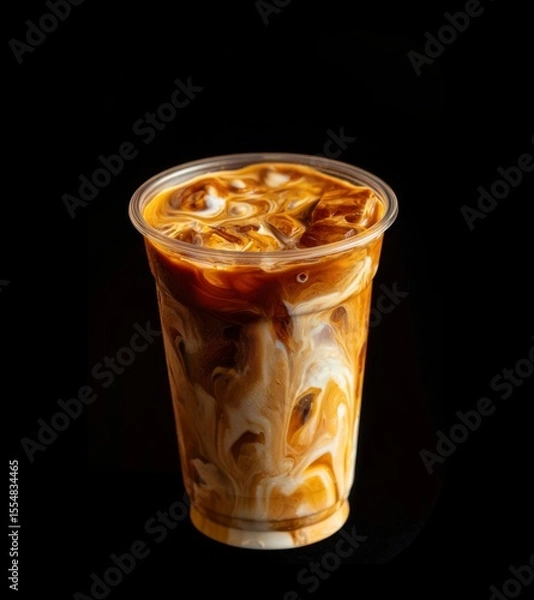 Fototapeta Close-up of caramel iced latte in a transparent cup showcasing swirling coffee texture blending with creamy milk, condensation droplets on the glass surface, commercial product photography