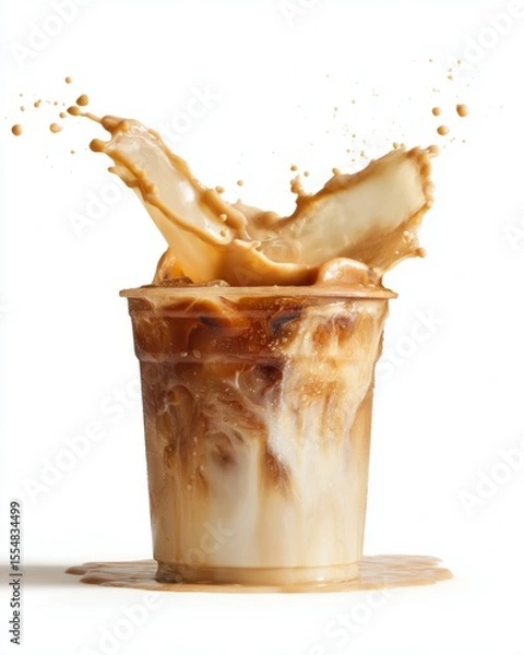 Fototapeta Close-up of caramel iced latte in a transparent cup showcasing swirling coffee texture blending with creamy milk, condensation droplets on the glass surface, commercial product photography
