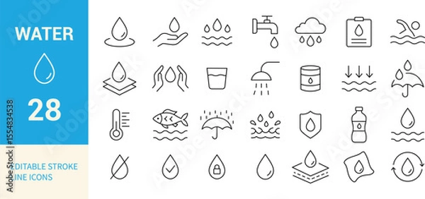 Fototapeta Water Line Editable Icons Set. Drops, Rain, Shower, Tap, Bottle, Swimming, Protection, and More. Vector Illustration.
