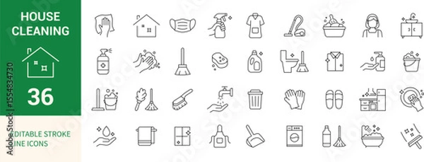 Fototapeta House Cleaning Line Editable Icons Set. Includes Cleaning Tools, Hygiene, Sanitation, Laundry, and More. Vector Illustration.