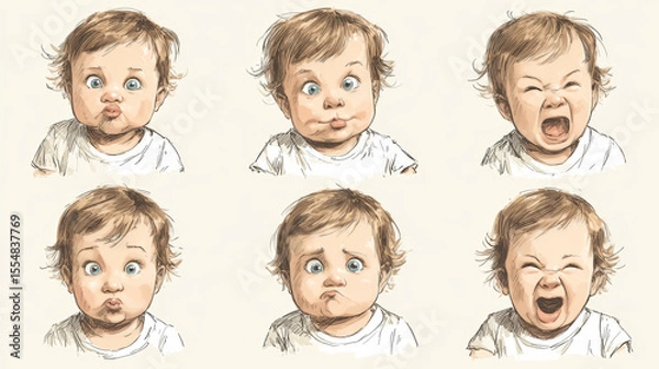 Fototapeta Adorable baby with multiple facial expressions shown in vector format