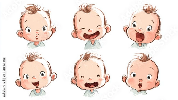 Fototapeta Adorable baby with multiple facial expressions shown in vector format
