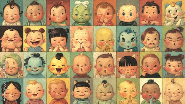 Fototapeta Assorted moods of infants illustrated in a cheerful, childlike style