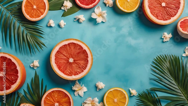 Fototapeta Vibrant summer background featuring a bright blue sky with scattered white clouds, warm sunlight, and tropical elements like palm leaves or sandy textures. Use vivid, cheerful colors such as turquoise