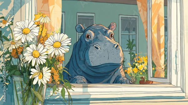 Fototapeta A sunny day illustration with a hippopotamus and daisies at a window scene