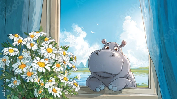 Fototapeta A sunny day illustration with a hippopotamus and daisies at a window scene
