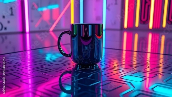Fototapeta Glossy mug, on a futuristic metallic surface, neon lighting, suitable for tech or gaming themes, modern look