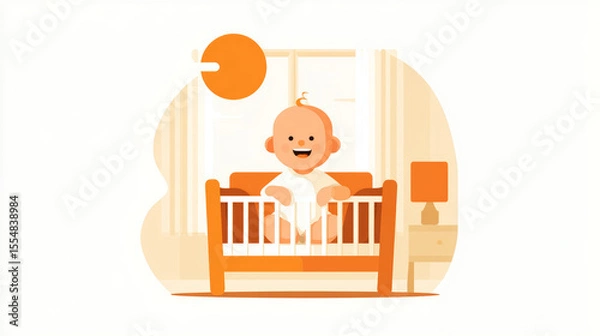 Obraz Baby happily seated in a crib, captured in a flat illustration style