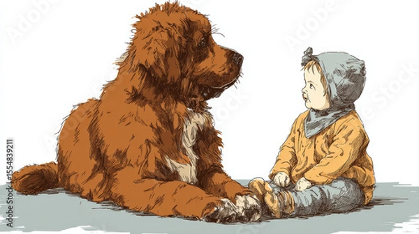 Obraz Baby sits beside a large brown dog, both captured in a sweet moment of companionship in vector style