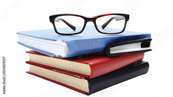 Obraz Stack of textbooks with reading glasses on top, Transparent background, PNG file