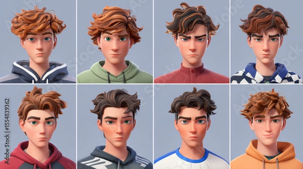 Obraz Boys' character creation pack with various facial expressions, hairstyles, and poses
