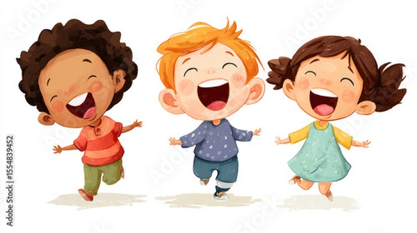 Fototapeta Cartoon children laughing playfully, rendered in bright vector form