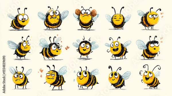 Fototapeta Collection of cute cartoon bees each showing a unique facial expression