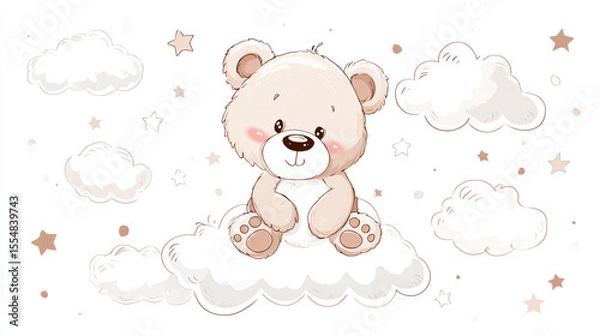 Obraz Cute baby bear illustration surrounded by stars and clouds