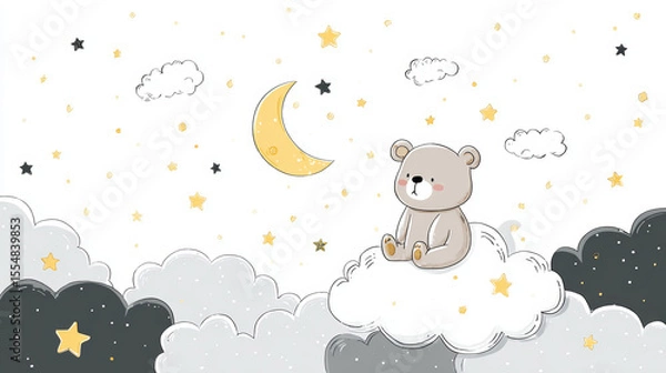 Obraz Cute baby bear illustration surrounded by stars and clouds