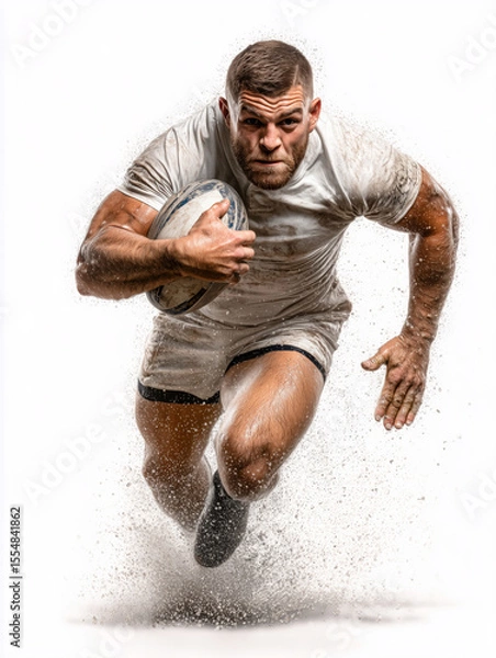 Fototapeta An intense rugby player in a white kit is sprinting with determination, gripping the ball securely. Dust flies around him as he makes a powerful charge, showcasing athleticism and grit.