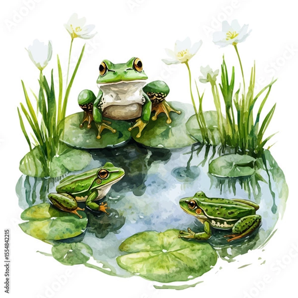 Fototapeta Frogs Returning Spring Pond, watercolor vector, isolated on a white background.