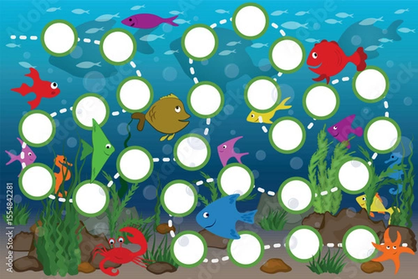 Obraz Roll-and-Move Game UnderSea Template. Board game for children