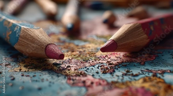 Obraz Creative collaboration of colored pencils on a world map artistic setup close-up view colorful environment